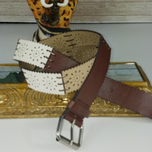 None Accessories - Fashion Belt,  creme, tan, brown colors belt, each color woven together, size XL